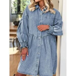 NEW LOVESOFT smocked cuffs flared denim shirt mini dress in beau blue